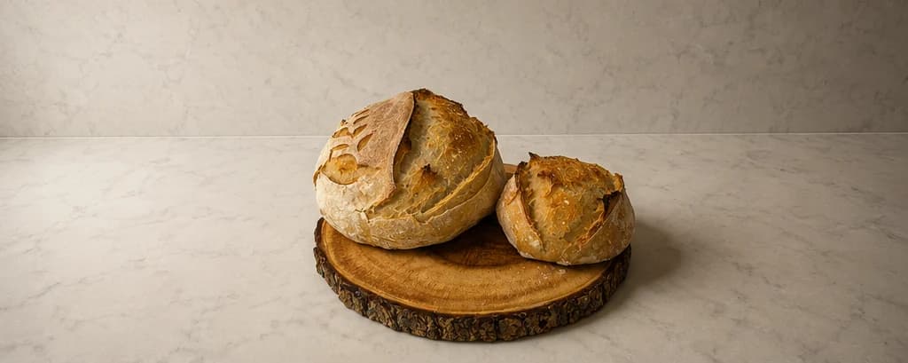 Two sourdough loaves cooling on a wooden board